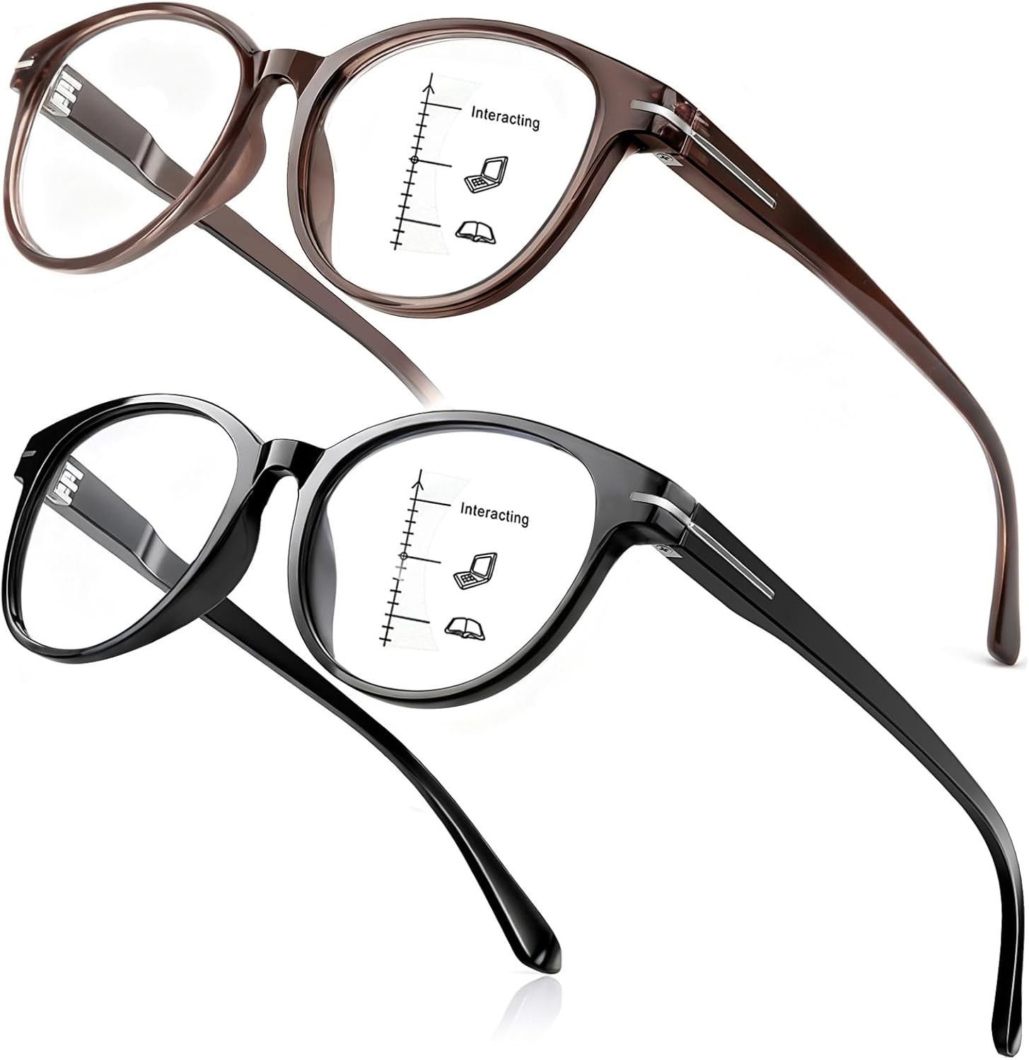 Distinctive Progressive Multifocus Reading Glasses Women, Retro Lady Anti Blue Light/Eye Fatigue Computer Reader, Vintage Round Frame No-Line Multifocal Eyeglasses (Black&Brown, 2.0x)