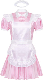 ACSUSS Men's Silk Satin Frilly Flutter French Maid Costume Dress Crossdress Pajamas Set
