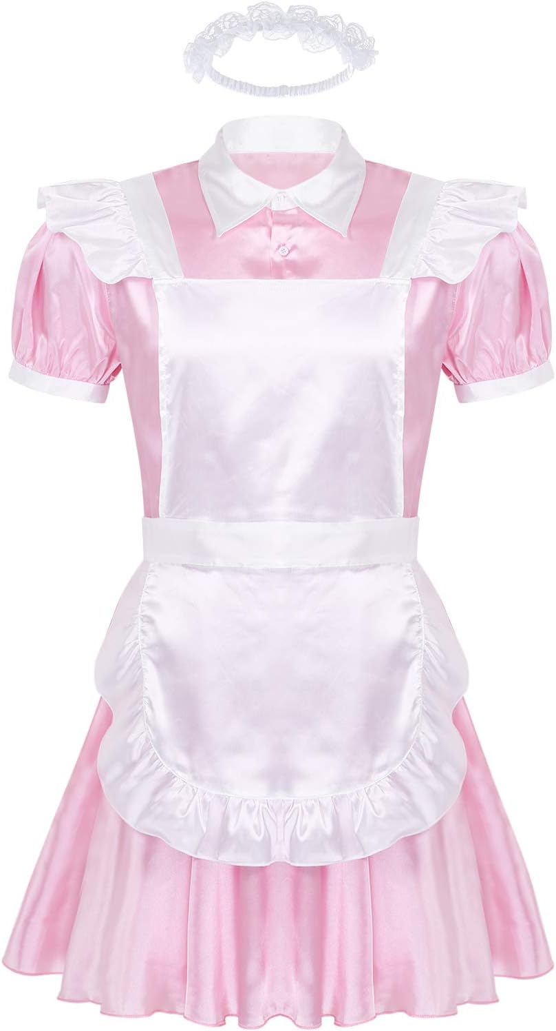 ACSUSS Men's Silk Satin Frilly Flutter French Maid Costume Dress Crossdress Pajamas Set