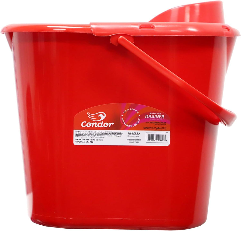 Condor Professional Bucket with Drainer, Red Plastic Mop Bucket, Built-in Measuring Scale, Cleaning Container