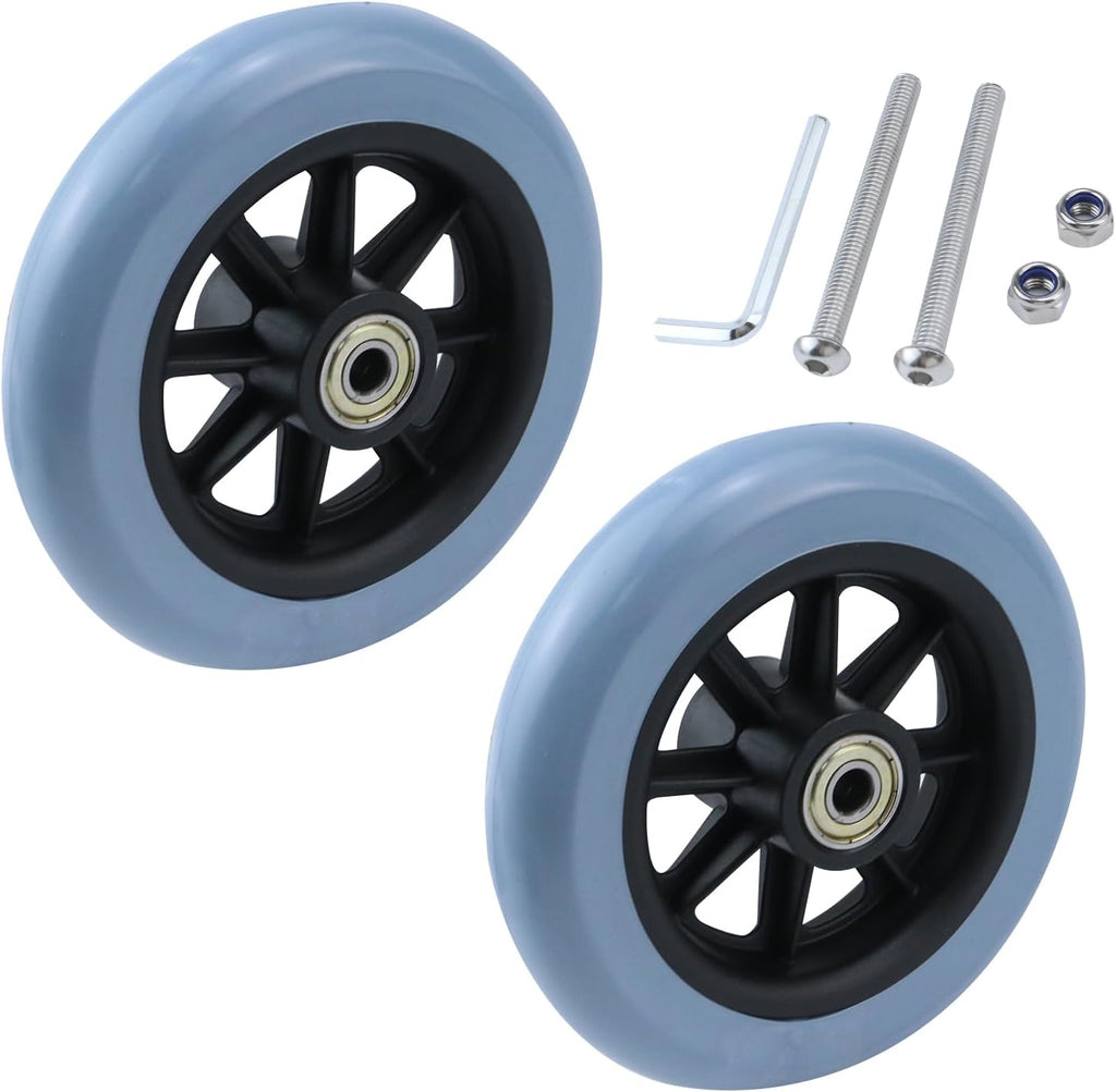 MY MIRONEY 2PCS 5 Inch Wheel Replacement for Wheelchairs, Walkers, PVC Wheelchair Front Wheels Rollator Grey Universal Walker Casters Rollers Wheels with Mounting Screws and Hex Key
