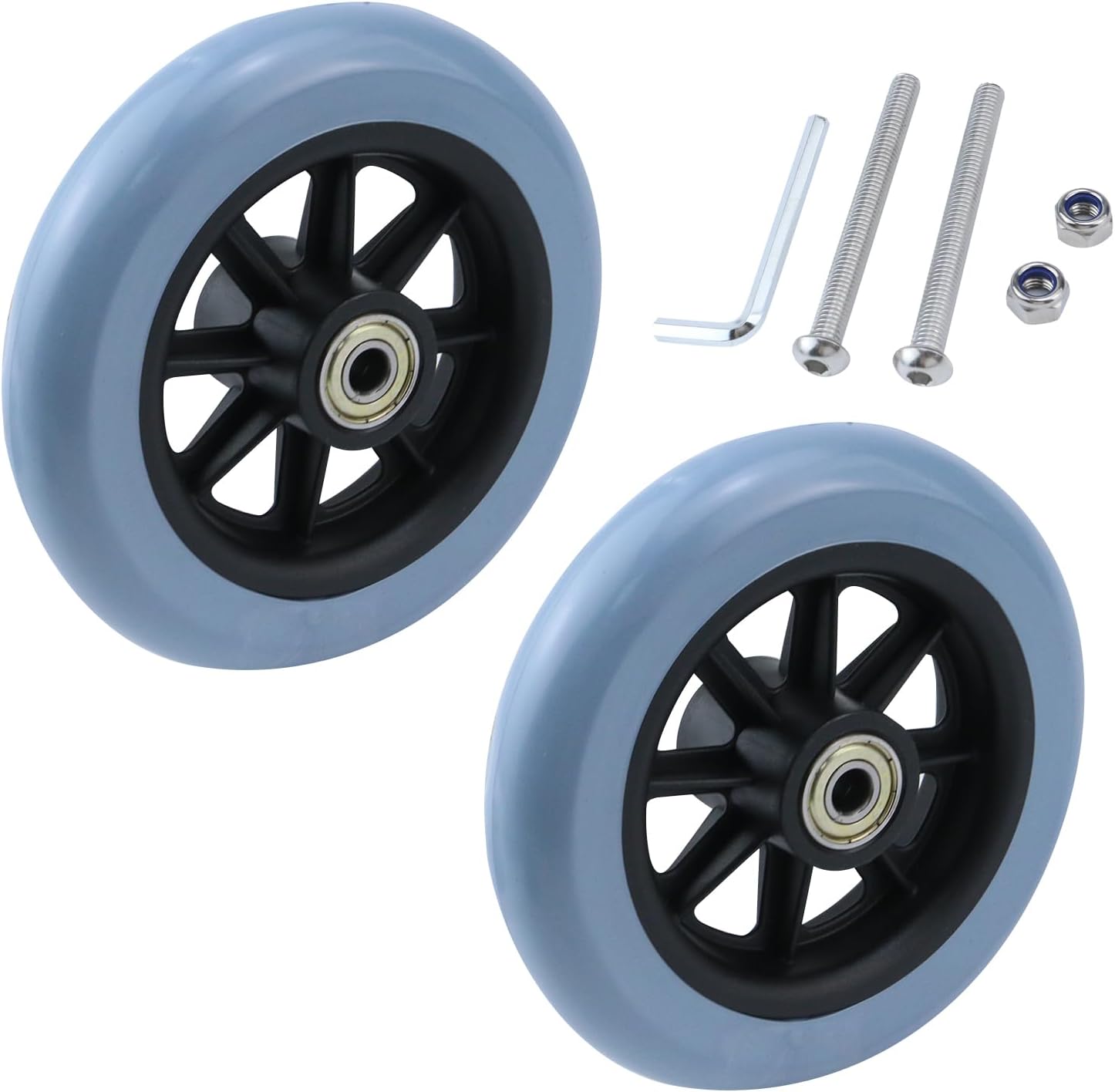 MY MIRONEY 2PCS 5 Inch Wheel Replacement for Wheelchairs, Walkers, PVC Wheelchair Front Wheels Rollator Grey Universal Walker Casters Rollers Wheels with Mounting Screws and Hex Key