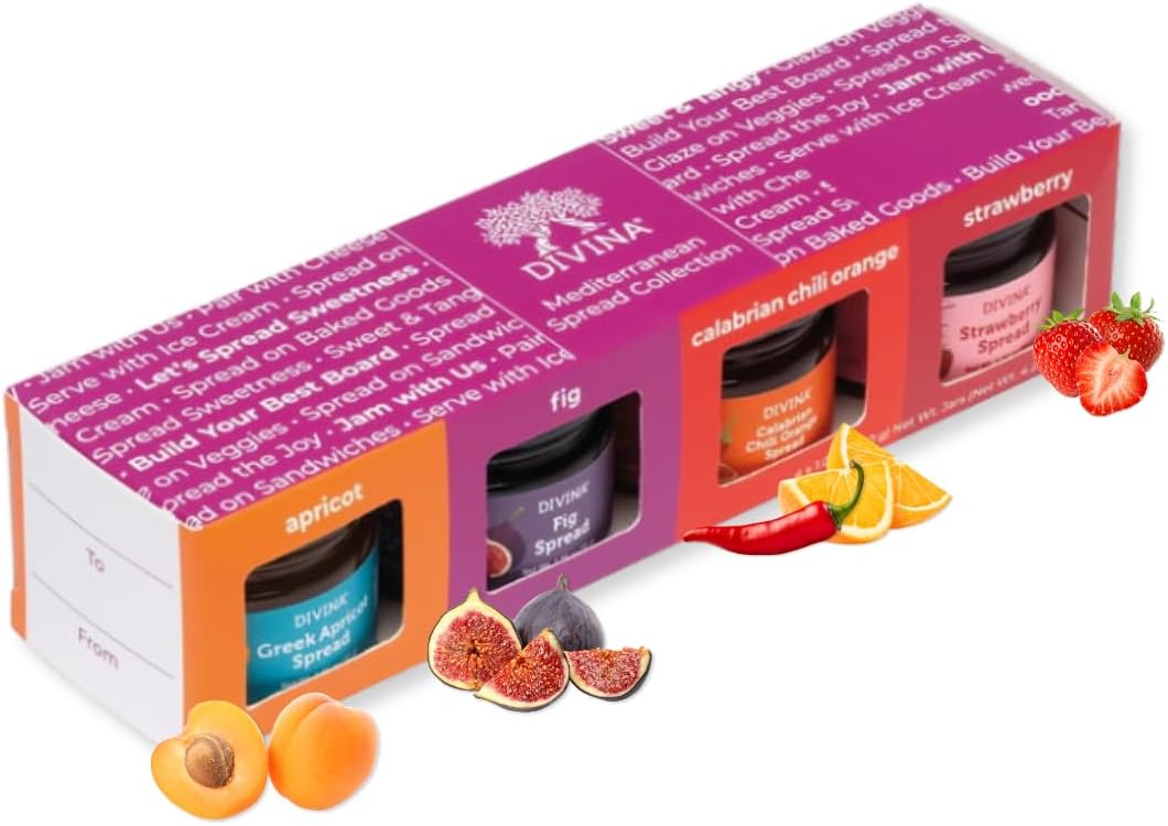 DIVINA Mediterranean Spread Collection, 4-Pack Assortment of Apricot, Fig, Calabrian Chili Orange & Strawberry, 1.05 oz each (4.2oz, 1-Pack)