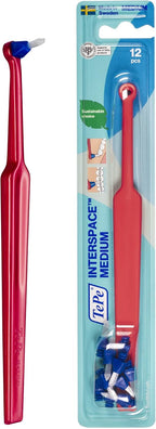 TePe Interspace Angled Medium Toothbrush for Braces with Single-End Tuft and Removable Head, 12 Pack