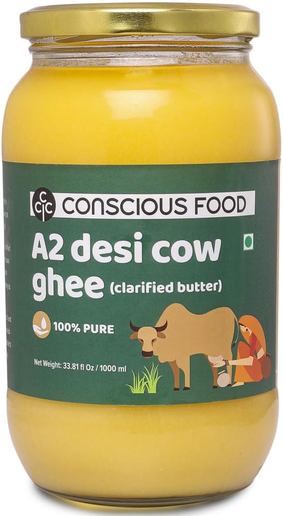 Conscious Food A2 Desi Cow Ghee - 33.814 Fl Oz (1L), Clarified Butter - 100% Pure and Premium, Cultured Ghee, Natural, Grass Fed Indian Cow, Non-GMO