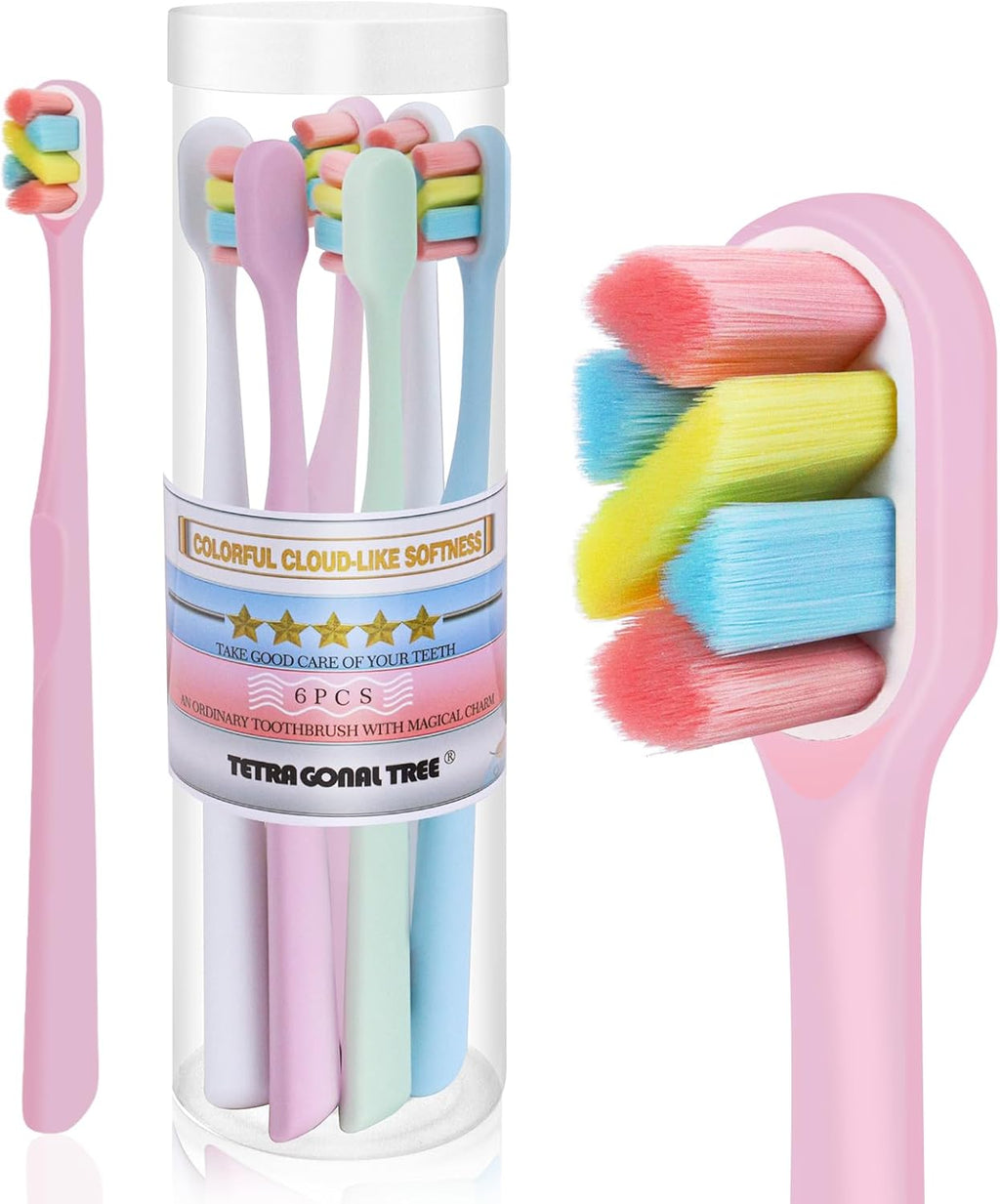 Tetragonal tree 6 Count Extra Soft Toothbrushes | Periodontist-Designed Tapered Bristles for Sensitive Teeth and Receding Gums | Plaque Remover Toothbrushes in Bucket Packaging - Colors May Vary