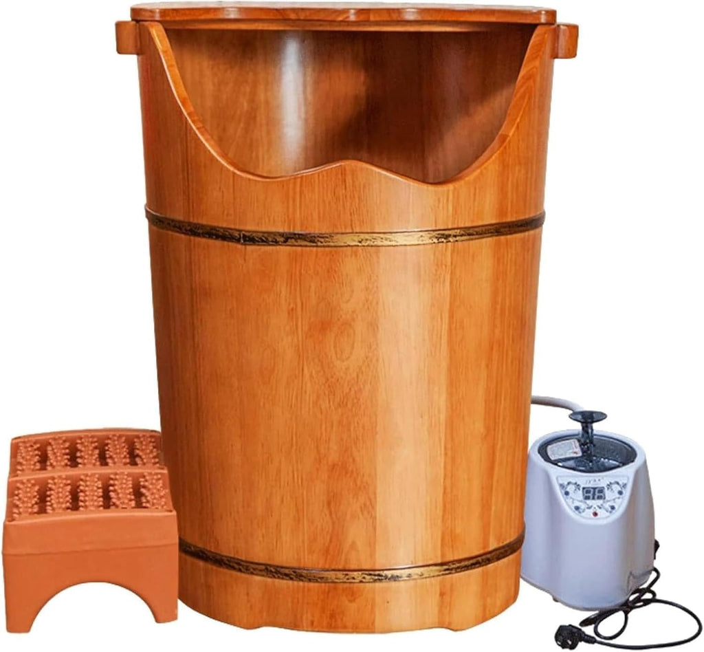 Foot Soak Tub for Soaking Feet - Premium Rubber Wood Foot Bath Bucket with Steam Machine & Massage Stool, Includes Lid for Relaxation and Pedicure Care