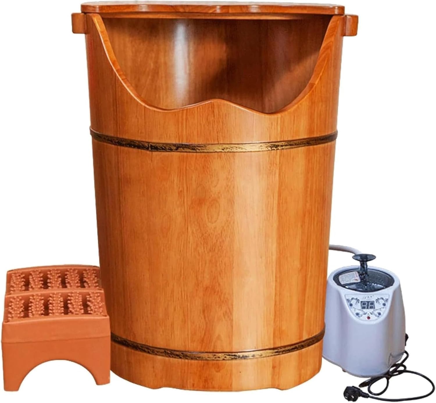 Foot Soak Tub for Soaking Feet - Premium Rubber Wood Foot Bath Bucket with Steam Machine & Massage Stool, Includes Lid for Relaxation and Pedicure Care