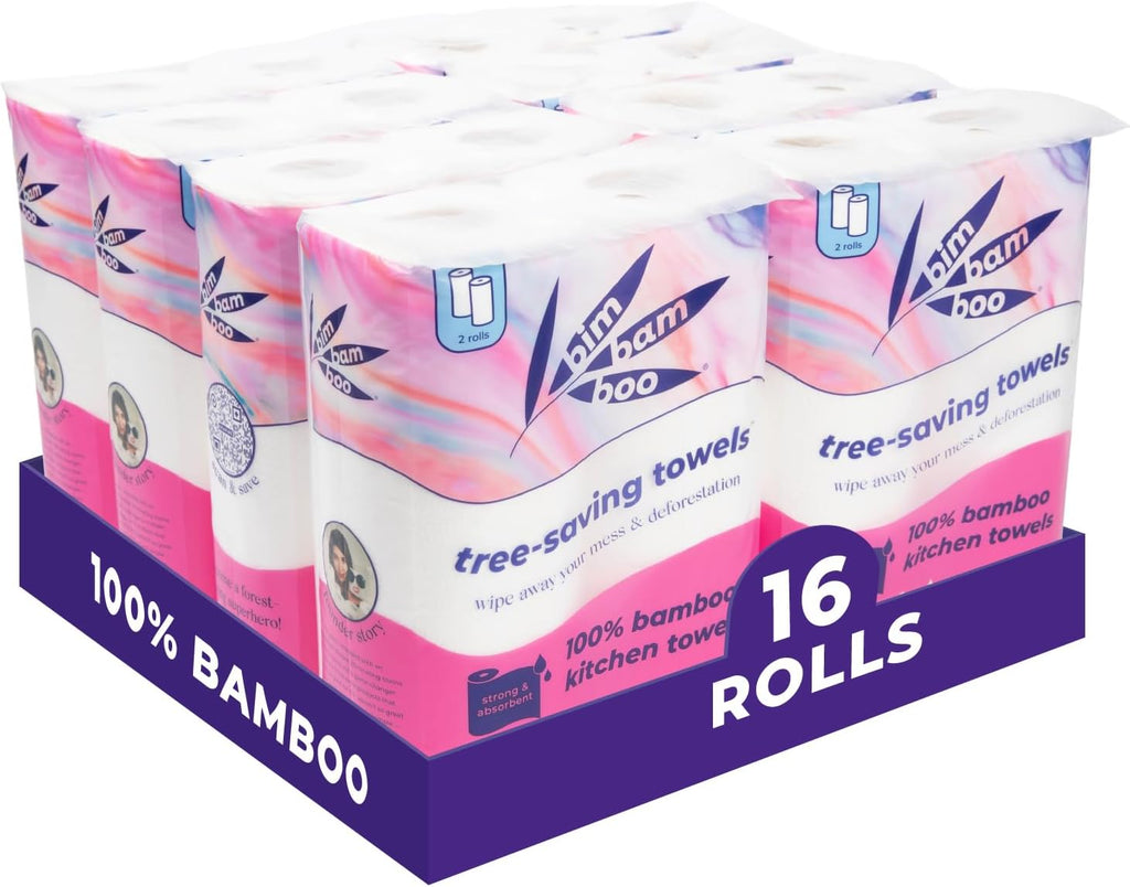 Bim Bam Boo 2-Ply Tree-Free Strength Premium Bamboo Paper Towels, 16 Rolls of 100% Bamboo Kitchen Towels