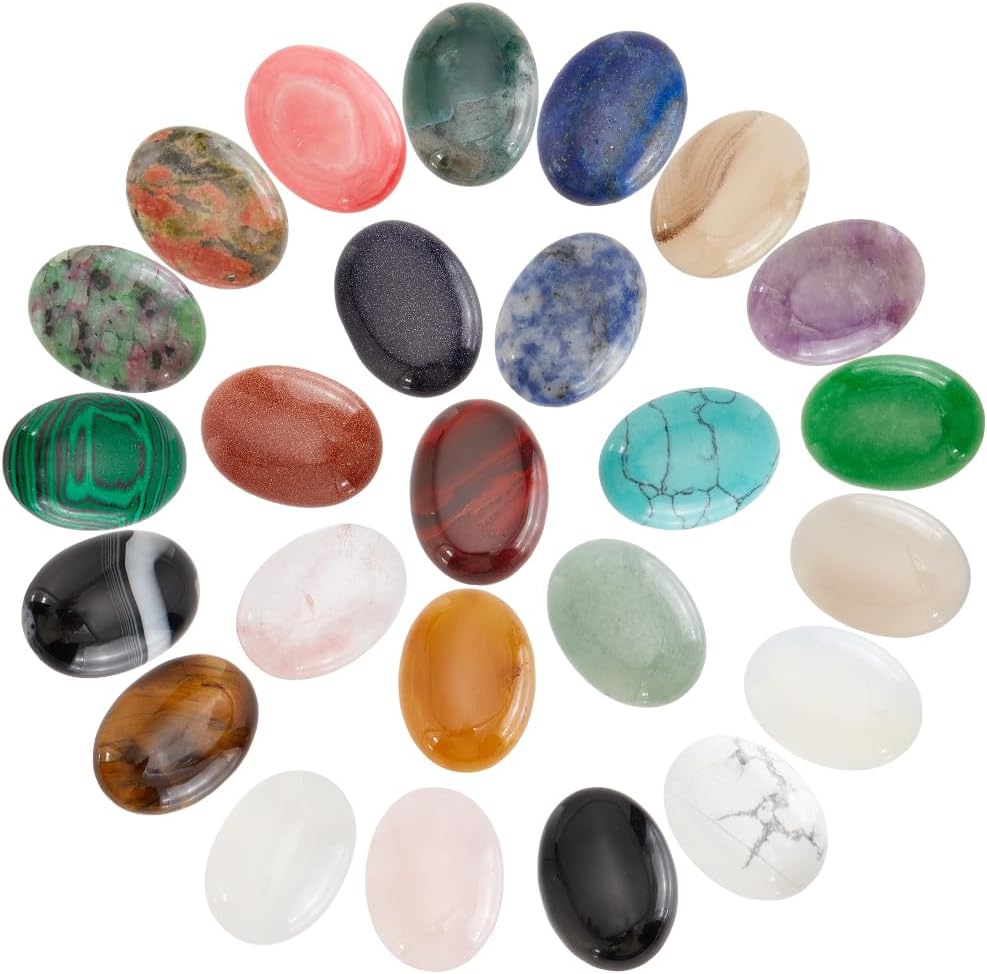 PH PandaHall 25pcs 25x18mm Gemstones Cabochons Flatback, Oval Stone Gem Semi-Precious Gemstones Beads Quartz Chakra Crystal Stones for Bracelet Necklace Earring Pendant Jewelry DIY Craft Making