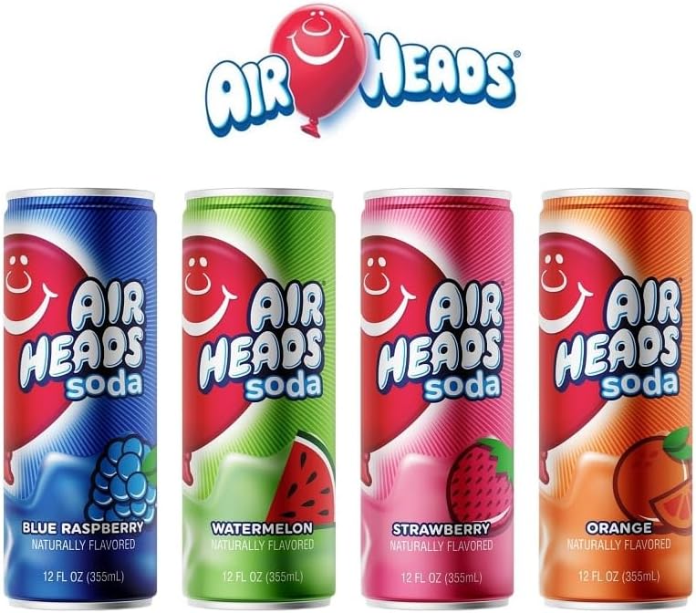 Airheads Soda 4 Pack – Blue Raspberry, Orange, Watermelon & Strawberry Flavored Soft Drinks – Fruity Carbonated Soda Variety Pack