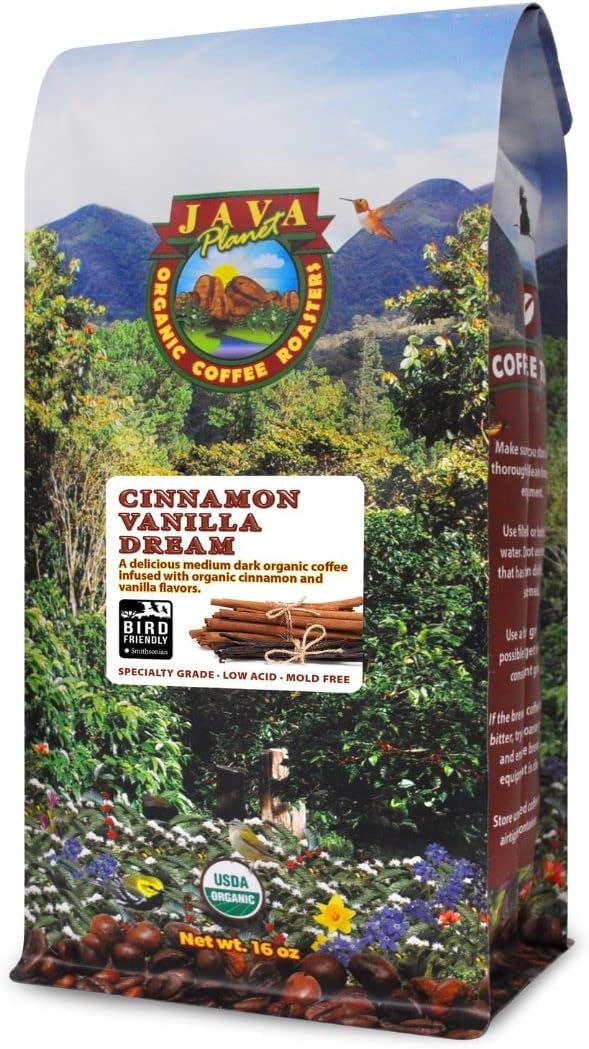Low Acid Organic Coffee – Whole Bean, Mold-Free & Stomach Friendly by Java Planet, Cinnamon and Vanilla, Medium Dark Roast, Arabica Gourmet Coffee Grade A, Smithsonian Bird Friendly, 1LB Bag