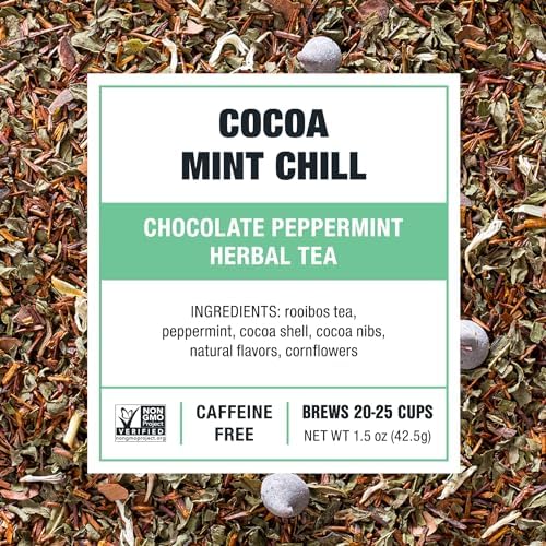 Tiesta Tea Cocoa Mint Chill Loose Leaf Tea, Chocolate Peppermint Herbal Rooibos Blend, Non-Caffeinated, Real Fruit, Herbs, Spices, Hot or Iced Brew, Makes Up to 25 Cups, Resealable Pouch, 1.5 Ounce