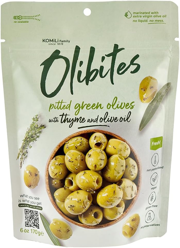 Olibites Pitted Olives - Fresh Olives Marinated in Extra Virgin Olive Oil (6 oz, Thyme & Olive Oil)