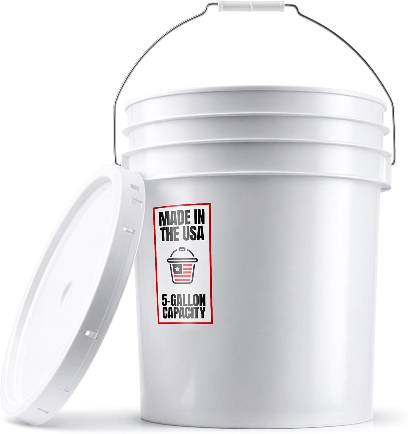 5-Gallon White Bucket Pail With Airtight Lid, Food Grade BPA-Free Premium HDPE, Made In USA, Heavy-Duty Extra Durable Multi-Use, Metal Handles Plastic Grip Easy Carrying, Stackable Easy Store - 1 Pack