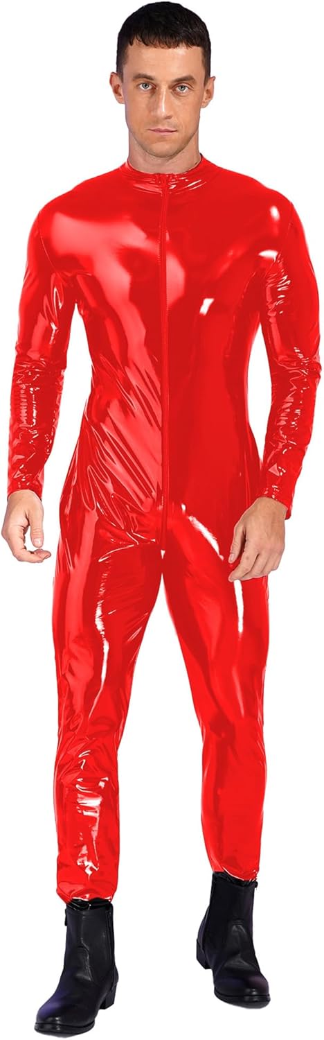 Hedmy Men's Shiny Metallic PVC Leather Full Body Zentai Zipper Catsuit Clubwear Jumpsuit Bodysuit