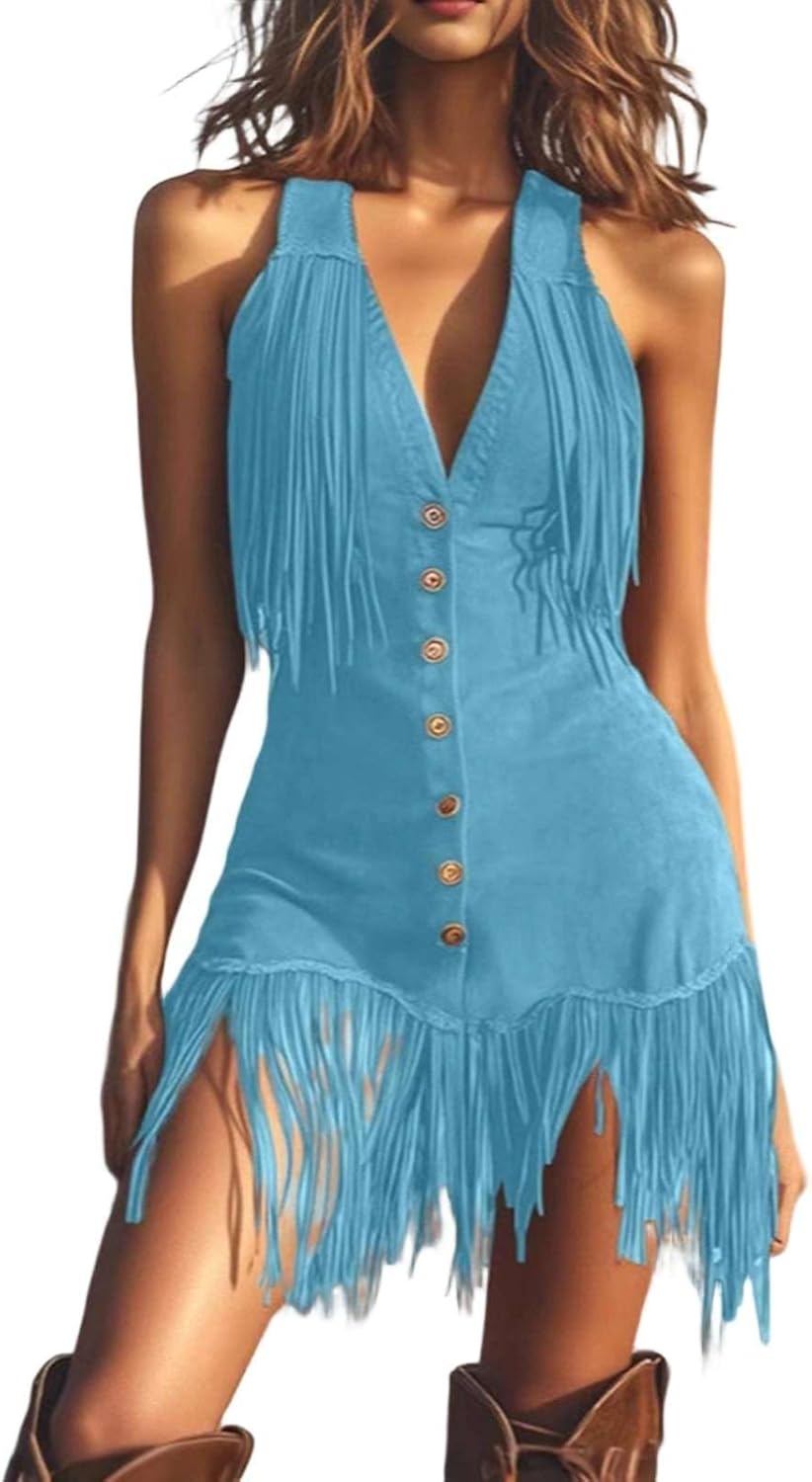 Women's Halter V Neck Fringe Mini Dress Sexy Western Cowgirl Faux Suede Tassel Slim Party Dresses