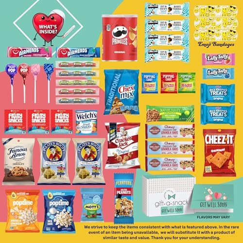 Gift A Snack - Get Well Soon Snack Box Variety Pack Care Package + Greeting Card (45 Count) Feel Better Sweet Treats Gift Basket, Candies Chips Crackers Bars - Office Food Assortments