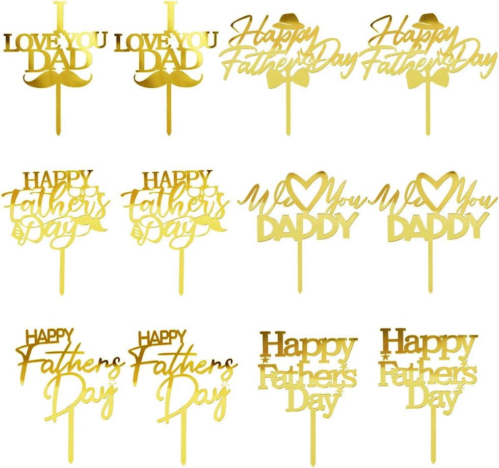 12 Piece Happy Father's Day Cake Topper - Father's Day Golden Glitter Birthday Cake Decoration Dad Party Supplies (Acrylic 12)