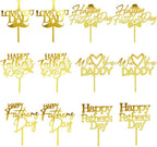 12 Piece Happy Father's Day Cake Topper - Father's Day Golden Glitter Birthday Cake Decoration Dad Party Supplies (Acrylic 12)