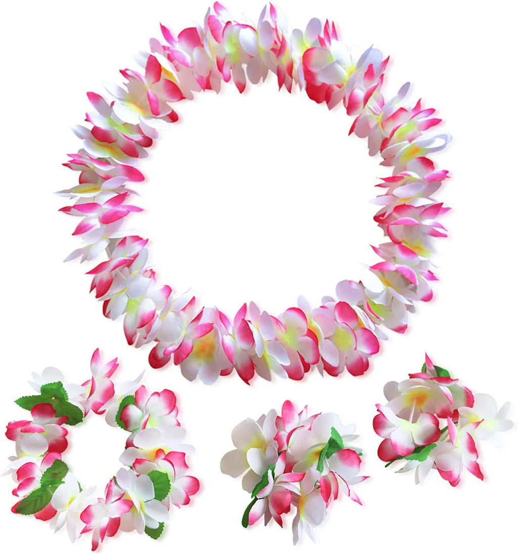 Hawaiian Luau Flower Leis Necklace Headband Bracelets Set,Perfect Luau Party Supplies for Summer Beach Vacations, Essential Party Decorations for Birthday, Graduation, and Wedding Celebrations (Pink)