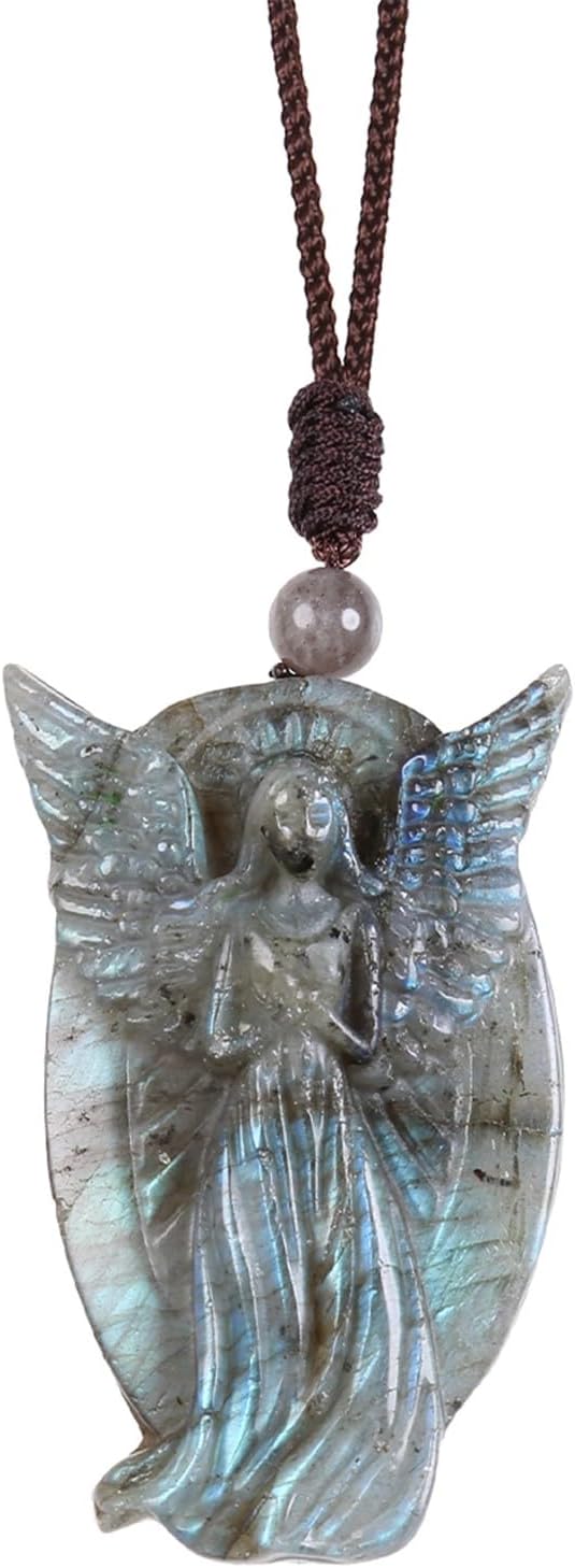 Nupuyai Hand-Carved Natural Labradorite Necklace for Unisex, Irregular Healing Labradorite Crystal Stone Pendant with Adjustable Cord, 18-31"
