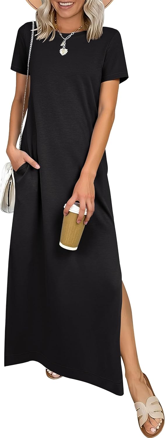 ANRABESS Womens Summer Casual Maxi Dress Short Sleeve Crewneck Split Wrinkle-Free Travel Long Sundress Beach Vacation Clothes