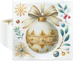 PAW - Christmas Luncheon Napkins 6,5'' x 6,5'', White and Gold Disposable Paper Napkins with Bauble, Elegant Lunch Napkins for Winter Birthdays, Christmas Parties, New Years, Decoupage, 50 Count