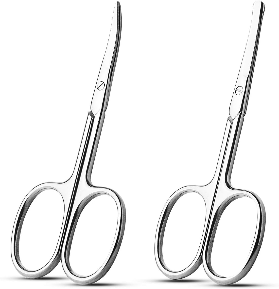 Facial Hair Small Grooming Scissors For Men Women - Eyebrow, Nose Hair, Mustache, Beard, Eyelashes, Ear Trimming Kit - Curved and Rounded Safety Tip Clippers For Hair Cutting 2PCS With Cover Sliver