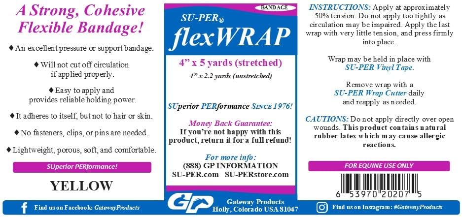 SU-PER flexWRAP 12 Rolls Self Adhesive Bandages - Strong, Cohesive, Flexible, First Aid Bandages - for Wound Dressings & Horse Leg Wraps - 4" x 5 Yards, Yellow