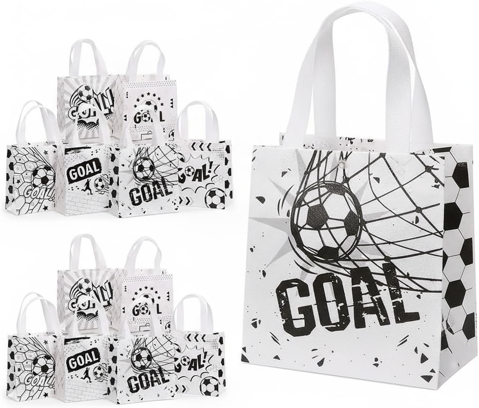 12 Pack Soccer Goodie Bags with 6 Designs | Reusable Non-Woven Party Favor Bags with Handles | Soccer Birthday Gift Bags for Kids, Sports Team Snack Bags, Themed Party Supplies for Boys & Girls (7)
