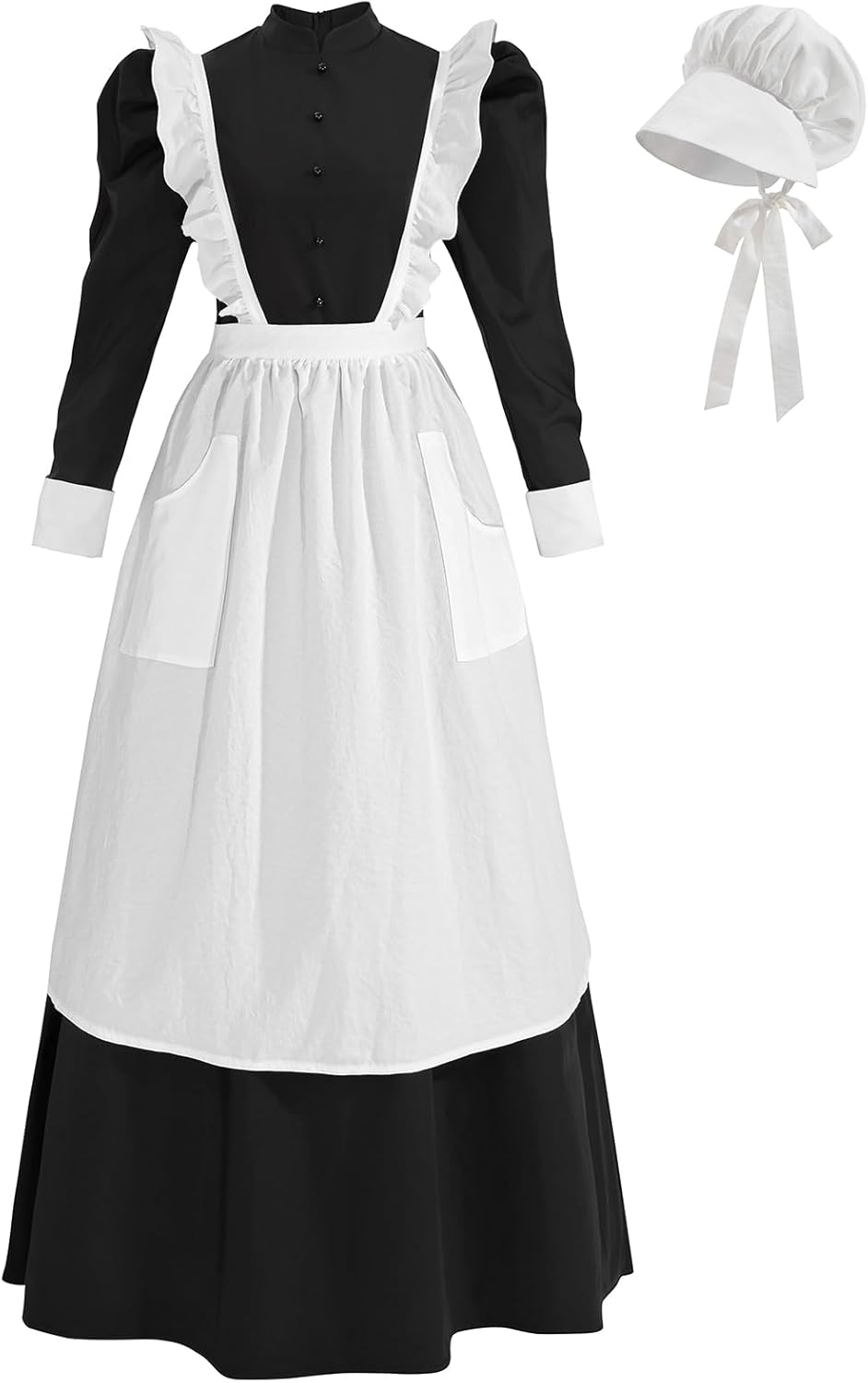 Nuoqi Womens Pioneer Dress Set Black Victorian Maid Costume 1800s Colonial Pilgrim Costume