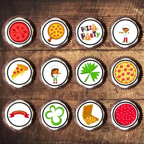 Pizza Party Edible Cupcake Toppers, Movie Night Cake Decorations, Birthday Party Cake Decorations, Pizza Night Cookie Toppers, 24 x 4cm / 1.5 Inch Wafer Card Discs