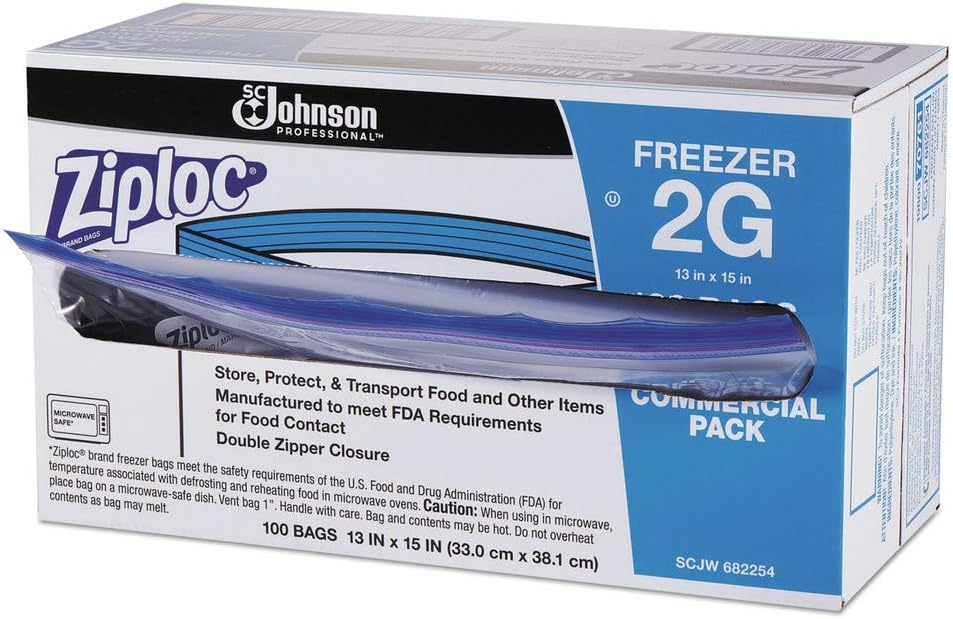 Ziploc 682254 Commercial Resealable Freezer Bag, Zipper, 2gal, 13 x 15 1/2, Clear, 100/Carton