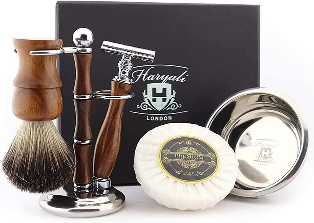 Haryali London Shaving Kit – 5 Pc Wooden Shaving Kit – Double Edge Safety Razor - Super Badger Shaving Brush – Shaving Soap – Shaving Bowl – Shaving Stand - Shaving Set as Gift