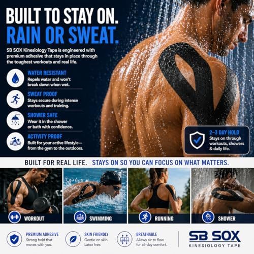 SB SOX Original Cotton Kinesiology Tape Roll – Best Latex Free Athletic Tape for Muscles/Joints – Waterproof, Stretchy, and Gentle on Skin (16ft)