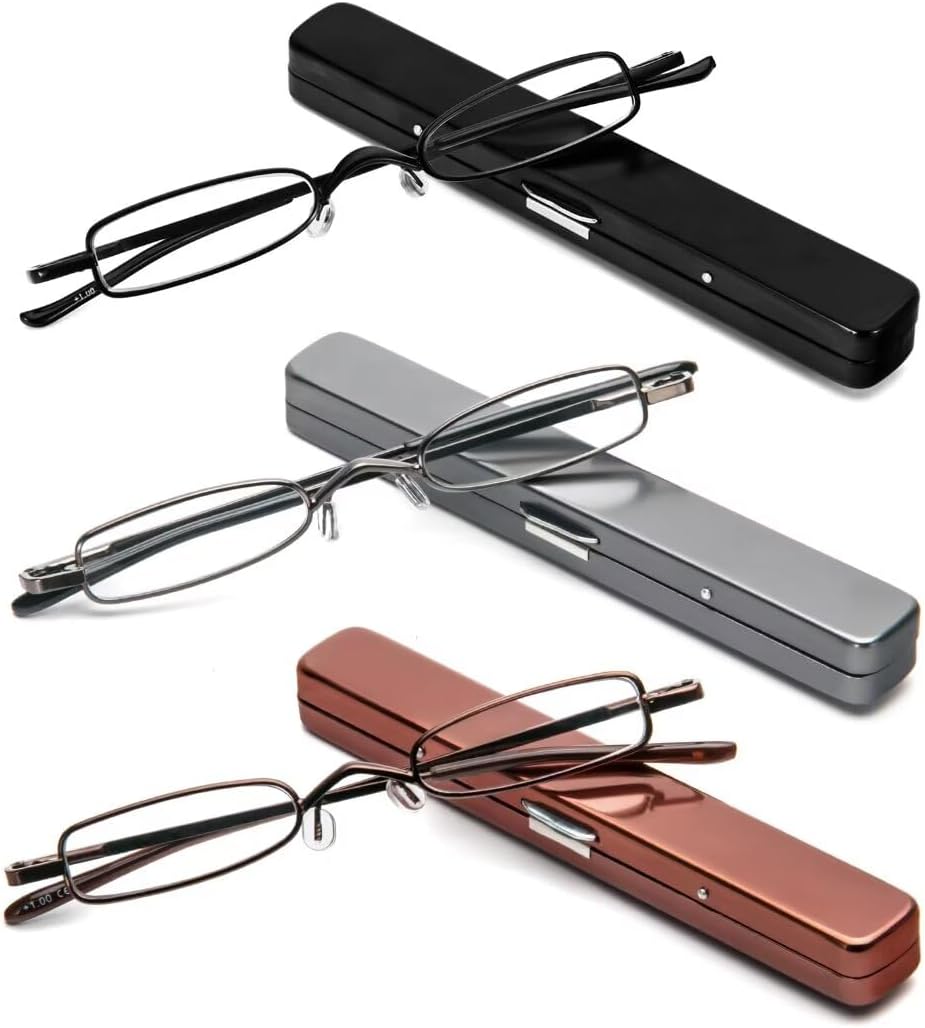 MMOWW Small Reading Glasses Men Women 3 Pairs Slim Pocket Readers with Pen Clip Metal Case Spring Hinge (Black+Brown+Gun Colors,+2.25)
