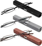 MMOWW Small Reading Glasses Men Women 3 Pairs Slim Pocket Readers with Pen Clip Metal Case Spring Hinge (Black+Brown+Gun Colors,+2.25)