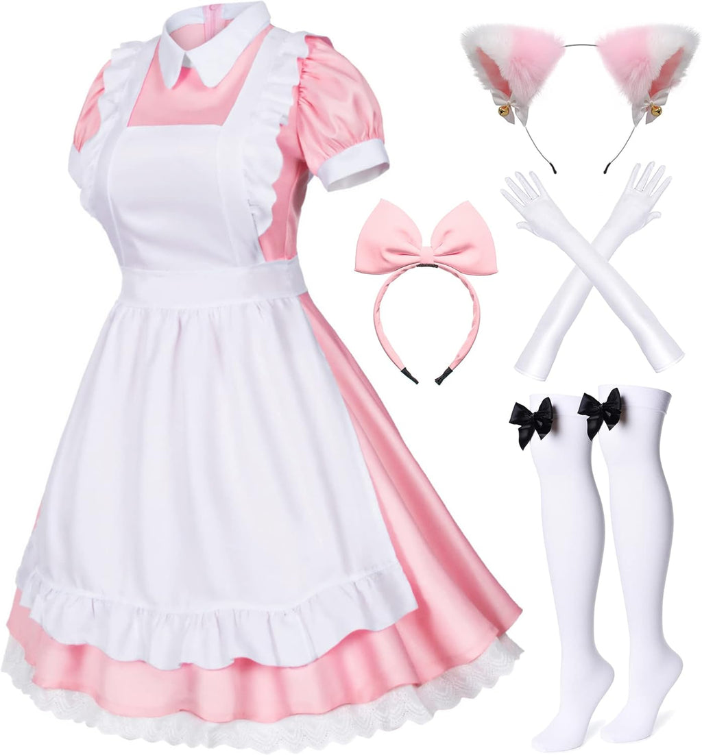 Wannsee Japanese Anime 6Pcs Lolita French Maid Apron Fancy Dress Cosplay Costume Gloves Headwear Socks set(Pink S)