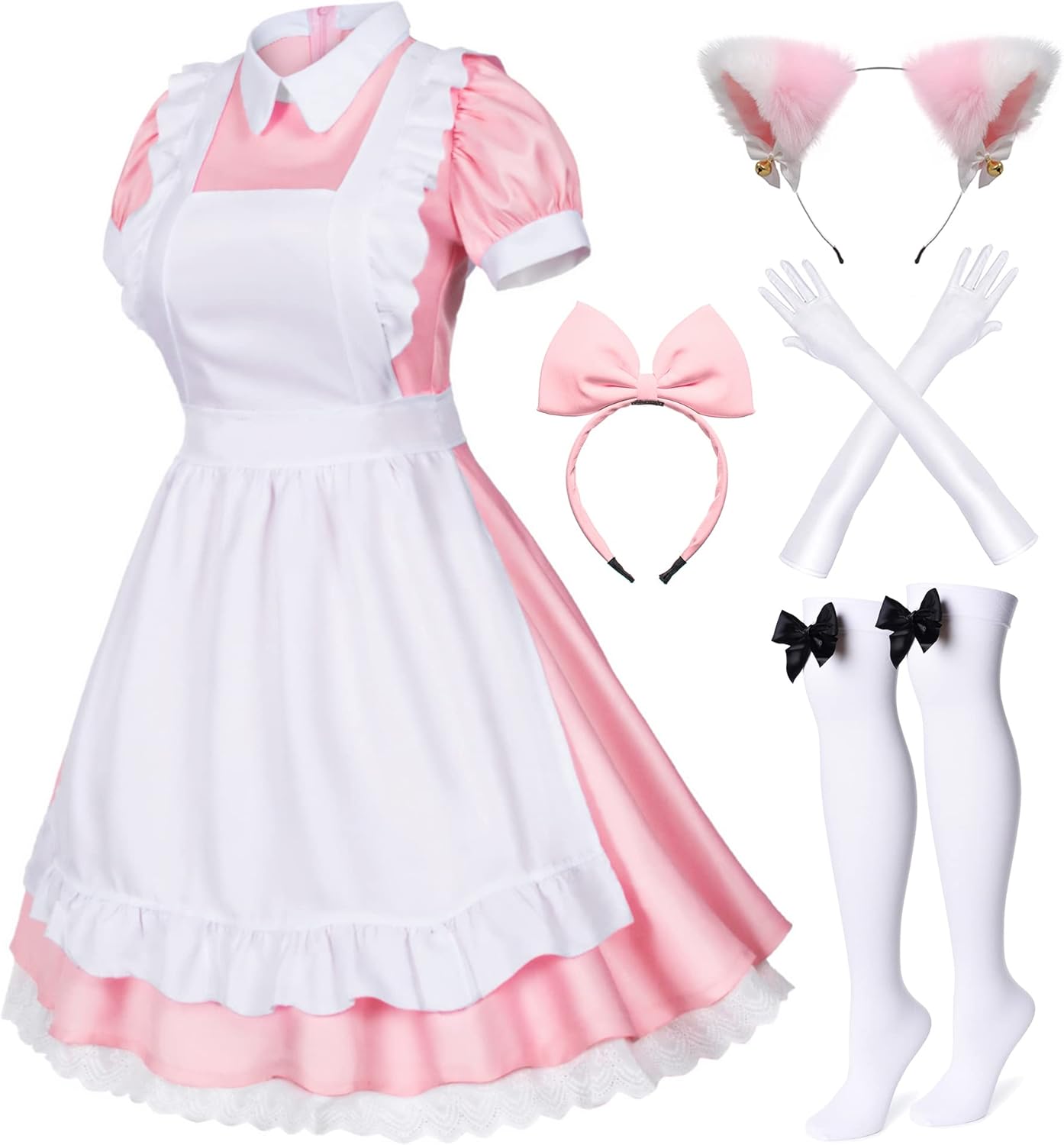 Wannsee Japanese Anime 6Pcs Lolita French Maid Apron Fancy Dress Cosplay Costume Gloves Headwear Socks set(Pink S)