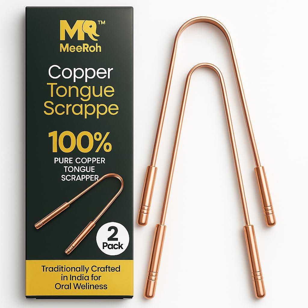 MeeRoh Pure Copper Tongue Scraper (2 Pack) – Manual Tongue Cleaner for Fresh Breath – Professional U-Shaped Metal Tongue Scrubber for Adults and Kids – Traditional Oral Hygiene Tool