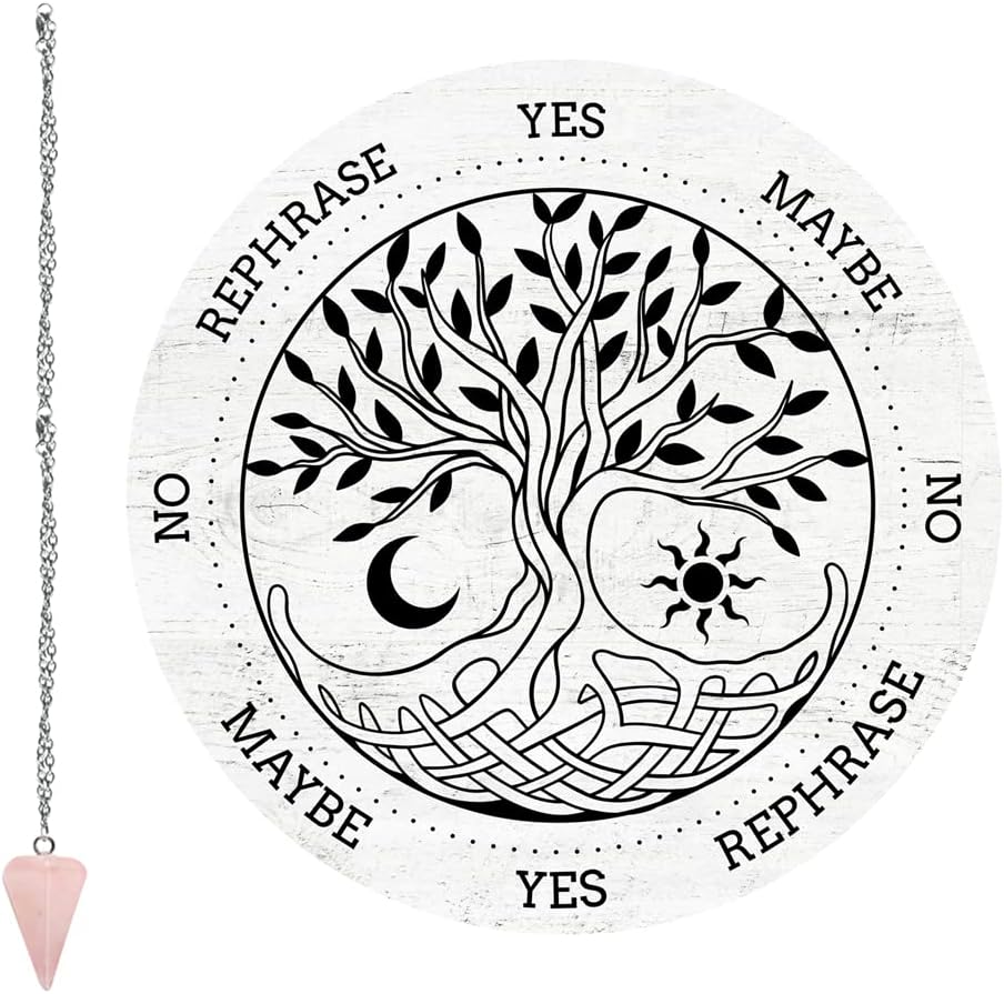 CRASPIRE Tree of Life Pendulum Board Dowsing Divination Metaphysical Message Board 7.9Inch Wooden Carven Board with Rose Quartz Crystal Dowsing Pendulum Necklace Witchcraft Wiccan Altar Supplies Kit