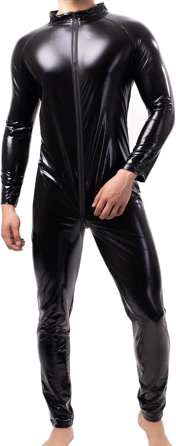 QiaTi Mens Latex Bodysuit Full Body Leotard Long Sleeves Unitard Faux Leather Bodysuit