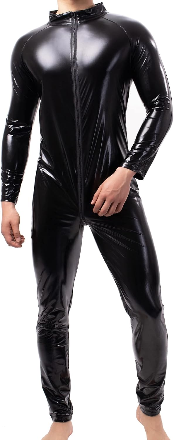 QiaTi Mens Latex Bodysuit Full Body Leotard Long Sleeves Unitard Faux Leather Bodysuit