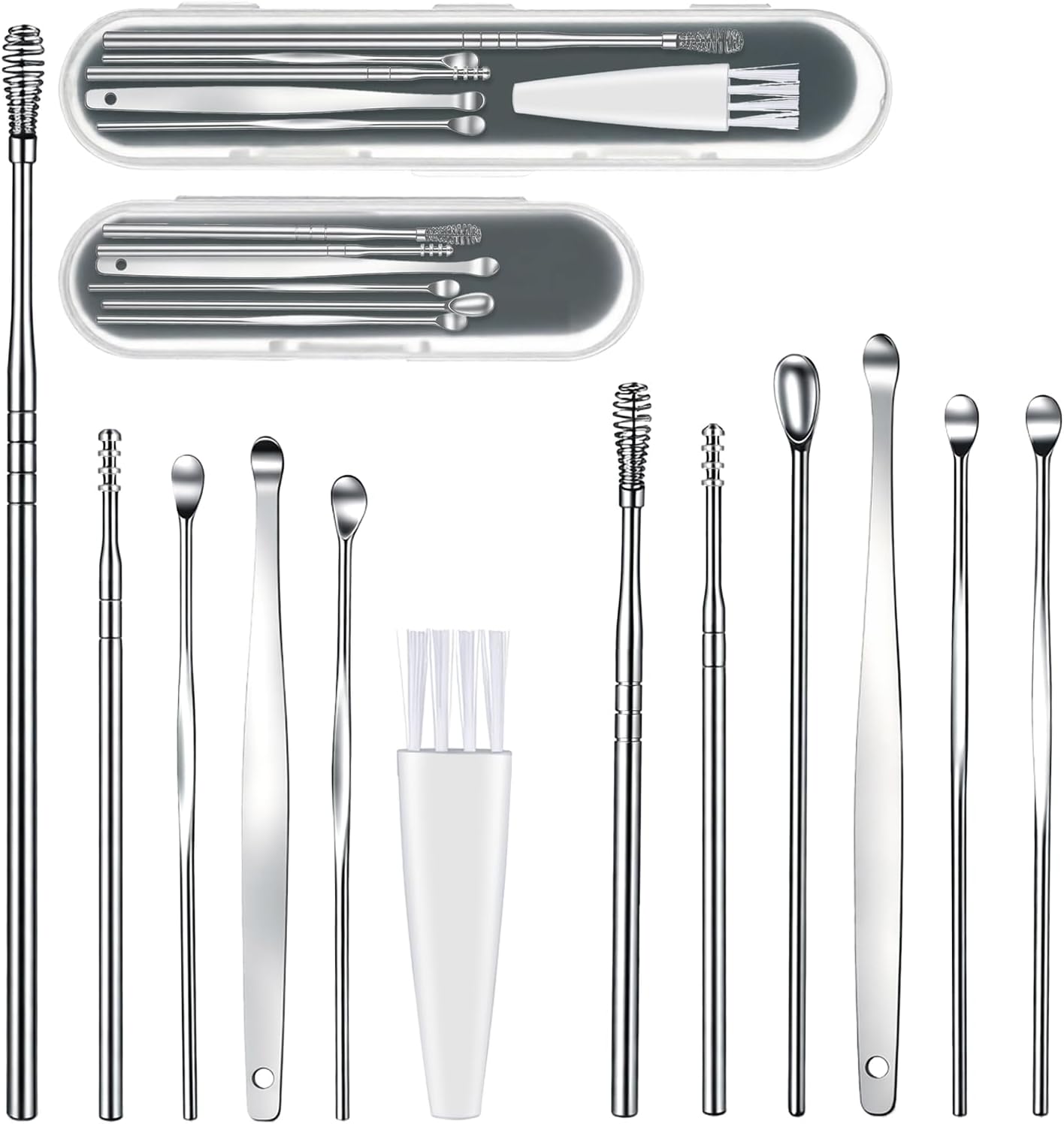12 Pcs/2 Sets Ear Pick Earwax Removal Kit, Stainless Steel Ear Cleaning Tool Cleaner Curette Ears Wax Removal Kit Ears Scraper Set with Plastic Storage Box and Cleaning Brush for Adults (Sliver)