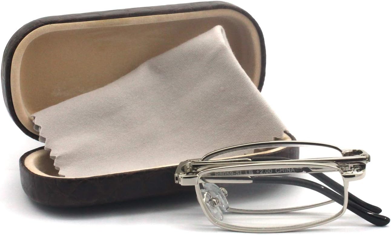 Compact Rectangular Metal Folding Reading Glasses with Leather Case for Men and Women