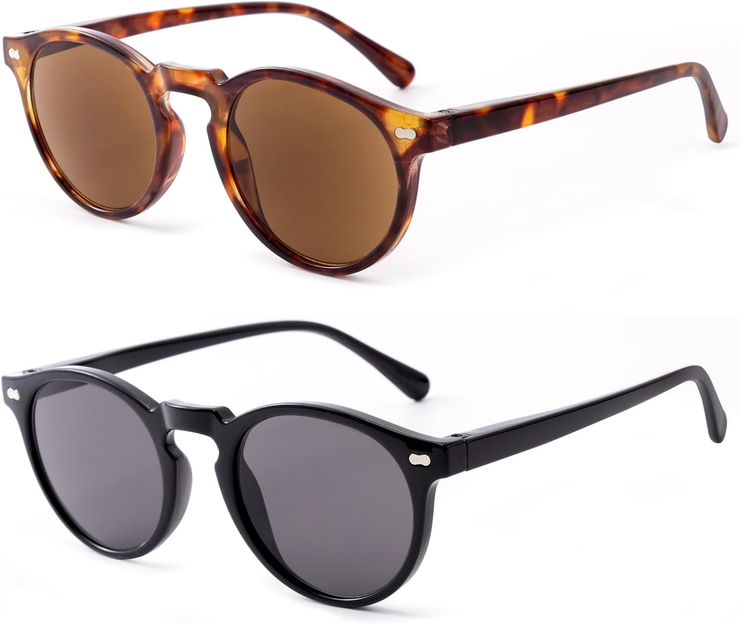 2 Pack Sun Readers for Men Women, Round Reading Sunglasses with UV400 Protection & Spring Hinge for Outdoor Use