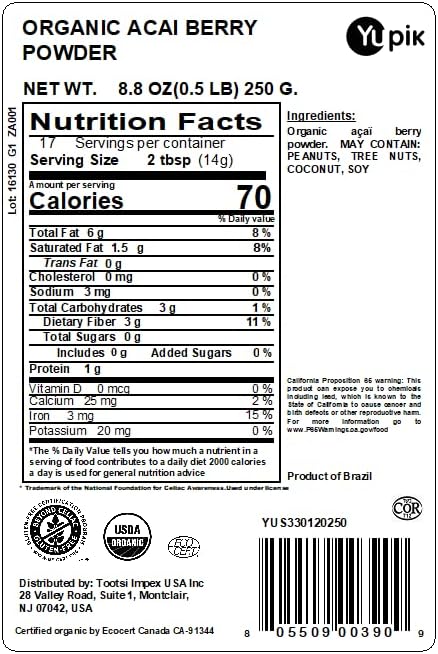 Yupik Organic Acai Berry Powder 8.8 oz, USDA Certified, Non-GMO, Vegan, Raw, Gluten-Free, Kosher, Superfood, Rich in Iron & Fiber, Perfect for Smoothie Bowls, Ice Pops & Baking