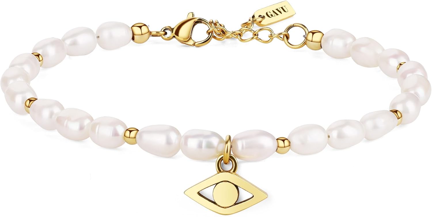 GAVU Freshwater Pearl Jewelry for Women, Women’s Evil Eye Hamsa hand Bracelet for Women, Natural Pearl Bracelet for Women