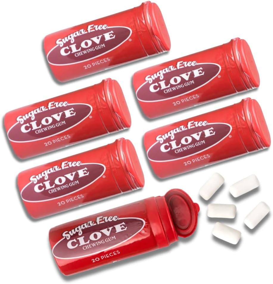 SUGAR FREE Chewing Gum - Pack of 6 - Clove - 20 Piece Resealable Tubes